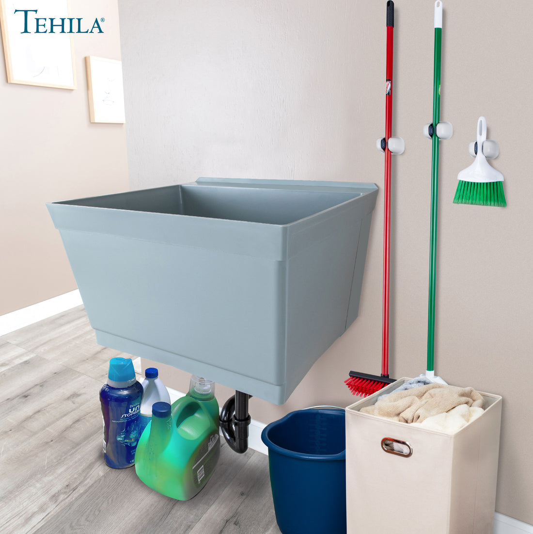 Tehila Standard Wall-Mounted Grey Utility Sink, Water Supply Lines Included - Utility sinks vanites Tehila