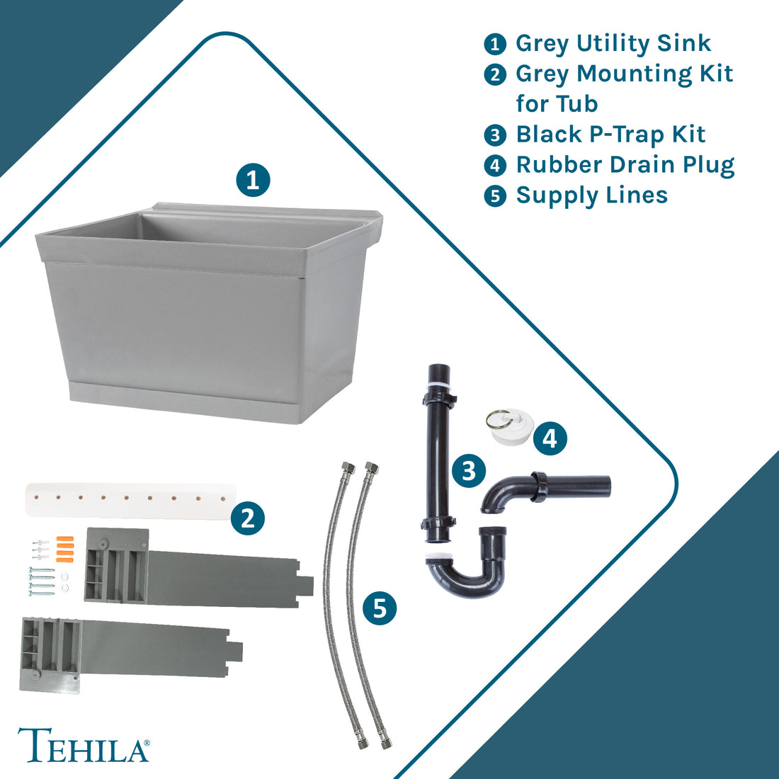Tehila Standard Wall-Mounted Grey Utility Sink, Water Supply Lines Included - Utility sinks vanites Tehila