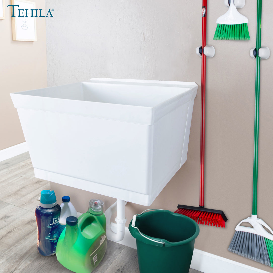 Tehila Standard Wall-Mounted White Utility Sink, Water Supply Lines Included - Utility sinks vanites Tehila