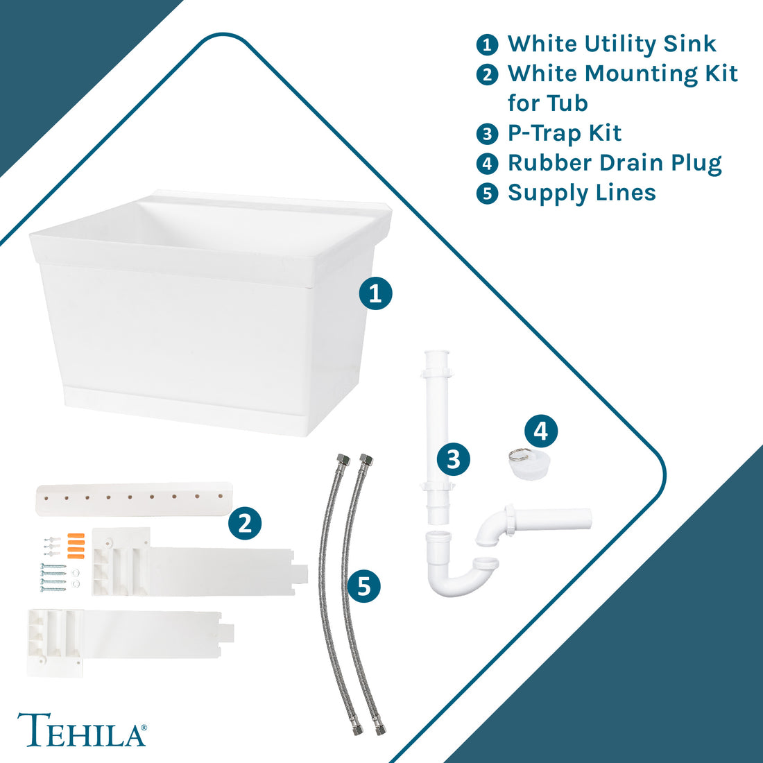 Tehila Standard Wall-Mounted White Utility Sink, Water Supply Lines Included - Utility sinks vanites Tehila