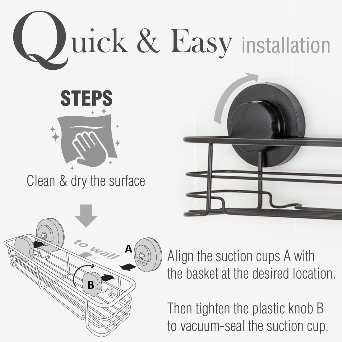 Vacuum Suction Cup Bathroom Kitchen Storage Basket with 2 hooks